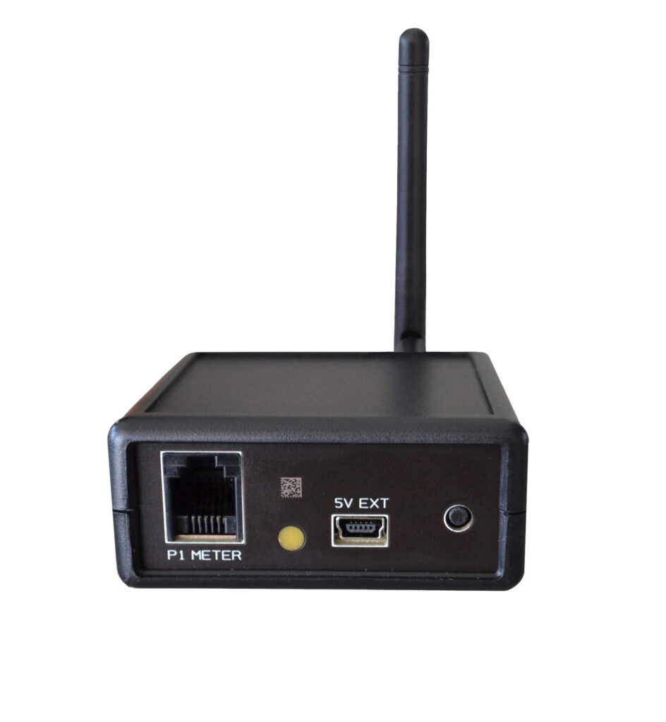 Zwart draadloze P1-meter gateway met antenne, aansluiting "P1 METER" en micro-USB "5V EXT"; leest slimme meterdata voor energiemanagement bij thuislaadoplossingen.