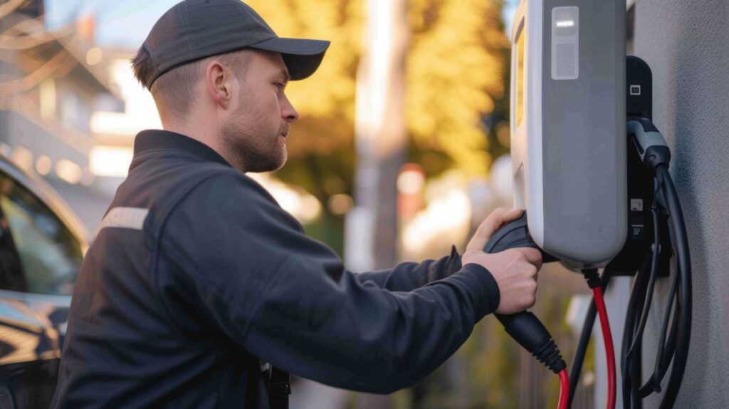 Gecertificeerde monteur installeert laadpaal thuis aan buitenmuur en steekt laadkabel in elektrische auto bij woning, avondlicht en oprit op de achtergrond.
